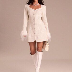 Elegant Women's White Romantic Sequins Tweed Mini Dress